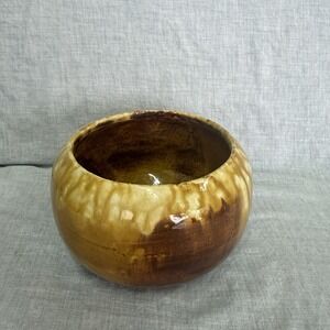 Vintage Miali Pottery 706-8 Drip Glaze Planter Bowl Yellow Brown MCM California